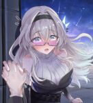  1girl 1other absurdres black_dress black_hairband blush breasts commentary_request dress firefly_(honkai:_star_rail) firefly_(on_the_journey)_(honkai:_star_rail) grey_hair hairband highres honkai:_star_rail honkai_(series) interlocked_fingers large_breasts long_hair multicolored_eyes night night_sky official_alternate_costume open_mouth sky sunglasses tefutefufu trailblazer_(honkai:_star_rail) turtleneck turtleneck_dress two-tone_eyes upper_body 