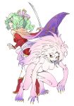  alternate_form breasts cape claws colored_sclera colored_skin dede_(qwea_00000) detached_sleeves dual_persona final_fantasy final_fantasy_vi fingernails glaring green_hair long_fingernails pink_hair pink_skin red_eyes simple_background squatting sword terra_branford trance_terra_branford weapon yellow_sclera 