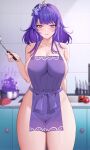  1girl apron arms_behind_back bad_food bangs blurry blurry_background blush breasts cleavage clenched_teeth cowboy_shot flower food genshin_impact grimace hair_flower hair_ornament highres holding holding_ladle indoors kitchen kitchen_knife ladle large_breasts long_hair looking_at_viewer naked_apron purple_apron purple_eyes purple_flower purple_hair raiden_shogun raised_eyebrows sideboob sidelocks smoke solo spoon sweat teeth thick_thighs thighs xuxuxu 