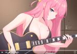  1girl bangs bare_arms bare_shoulders bikini black_bikini bocchi_the_rock! breasts cleavage closed_mouth collarbone electric_guitar gotou_hitori guitar hair_cubes hair_ornament highres instrument large_breasts long_hair music navel one_side_up pink_hair pixiv_id playing_instrument solo stomach swimsuit tsubame_tien twitter_username wavy_mouth 