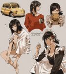  black_hair blush braid braided_ponytail burger carrotsprout chainsaw_man cigarette closed_eyes eating facing_to_the_side food grey_background grey_shirt hair_down hair_ornament hairclip happy higashiyama_kobeni highres holding holding_cigarette holding_food kobeni&#039;s_car_(chainsaw_man) looking_at_viewer maid maid_headdress medium_hair mole mole_under_eye mole_under_mouth multiple_moles nervous red_sweater shirt short_hair short_ponytail simple_background single_sidelock sleeping sleeves_past_wrists solo sweat sweater twitter_username white_shirt zzz 