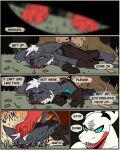 60percentscalie anthro bat blood blue_eyes bodily_fluids clothed clothing dovak duo english_text fur gloves grey_body grey_fur hair handwear hi_res humanoid lying male mammal shaking shivering text topless vauruk white_hair wounded