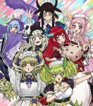  6+girls adeshi_(adeshi0693119) apron black_hair blue_hair blush breasts chamber_dragonmaid commentary_request detached_collar dragon_girl dragon_horns dragon_tail dress duel_monster eastern_dragon_horns green_hair grey_hair group_picture hair_between_eyes hat highres horns house_dragonmaid japanese_clothes kimono kitchen_dragonmaid lace-trimmed_apron lace_trim large_breasts lattice_dragonmaid laundry_dragonmaid long_hair long_sleeves looking_at_viewer maid maid_apron maid_day maid_headdress mixed_maids multiple_girls nurse_cap nurse_dragonmaid open_mouth parlor_dragonmaid pink_eyes pink_hair red_hair ringed_eyes sidelocks smile tail twintails wa_maid yellow_eyes yu-gi-oh! 