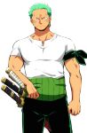  1boy :/ absurdres bara blush earrings flustered frown green_hair highres jewelry looking_at_viewer male_focus muscular muscular_male one_piece pants pectorals pout roronoa_zoro scar scar_across_eye shirt short_hair single_earring solo standing udon_oneday 