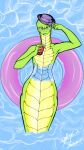 anthro apode beverage claws clothing draconcopode eyewear female flat_chested glass glasses green_body green_scales hat headgear headwear hi_res holding_object ice legless looking_at_viewer naga nude pool pupils purple_clothing purple_hat purple_headwear relaxing reptile scales scalie serpentine simple_background slit_pupils snake soda solo tobiasnana water_float wearing_glasses wet yellow_body yellow_scales yellow_sclera