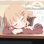  1girl blonde_hair blush chrislu07 closed_eyes closed_mouth commentary dreaming english_commentary food hair_ornament hairclip highres image_in_thought_bubble indoors layered_sleeves long_sleeves medium_hair nanamori_school_uniform oomuro_sakurako pudding school_uniform shirt short_over_long_sleeves short_sleeves sleeping sleeping_on_desk smile solo speech_bubble thought_bubble white_shirt yuru_yuri zzz 