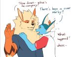 2025 absurd_res anthro arcanine blue_body clothing dialogue duo eeveelution english_text fur generation_1_pokemon hair hi_res looking_at_another male nintendo officer orange_body orange_fur pokemon pokemon_(species) simple_background tail text uniform vaporeon white_background yolko_shark