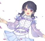  bangs belt black_hair chain commentary_request dress dutch_angle fangs fukumaru_koito highres idolmaster idolmaster_shiny_colors kitp looking_at_viewer low_twintails open_mouth petals puffy_sleeves purple_eyes see-through see-through_sleeves skin_fangs swept_bangs twintails white_background white_dress 