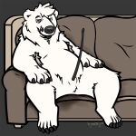 1:1 animal_genitalia animal_penis anthro armpit_hair balls bear black_penis body_hair digital_media_(artwork) disproportionate_genitalia erection fur furniture genitals hi_res kumatsu laid_back long_penis male mammal nude open_mouth overweight overweight_male penis polar_bear relaxed_expression sheath simple_background sitting slightly_chubby small_balls sofa solo spread_legs spreading sweat_stain thin_penis ursine ursine_penis white_body white_fur