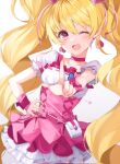  1girl blonde_hair breasts chaeryaeng_05 choker clover_ornament cure_peach dress earrings fresh_precure! frilled_dress frills hair_ornament hand_on_hip heart heart_earrings heart_hair_ornament highres jewelry looking_at_viewer magical_girl momozono_love one_eye_closed pink_choker pink_dress pouch precure puffy_short_sleeves puffy_sleeves short_sleeves small_breasts smile solo upper_body 