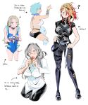  4girls absurdres axel_syrios back_tattoo belt black_pants blonde_hair blue_eyes blue_hair carrying controller crazy_person eating english_text fang fishnet_fabric food_on_clothes game_controller genderswap genderswap_(mtf) highres holostars holostars_english long_hair long_sleeves magni_dezmond multicolored_hair multiple_girls noir_vesper pants red_hair regis_altare short_hair shoulder_carry sonic_(series) sonic_the_hedgehog streaked_hair swimsuit tattoo virtual_youtuber 