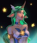  1girl bangs bare_shoulders breasts choker collarbone gradient gradient_background green_choker green_eyes green_hair highres horns large_breasts league_of_legends long_hair looking_up official_alternate_costume parted_lips red_lips single_horn solo soraka_(league_of_legends) star_(symbol) star_guardian_(league_of_legends) star_guardian_soraka teeth upper_body vatheja 