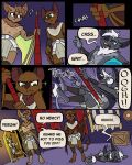 60percentscalie angry anthro bat blue_eyes bodily_fluids clothed clothing english_text fangs featureless_chest female fight group hi_res hitting humanoid male mammal one_eye_closed open_mouth sculpture standing sweat sweatdrop teeth text topless topless_male vauruk weapon