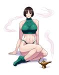  1girl 78_(tky8) abs bangs bare_arms bare_legs bare_shoulders black_eyes black_hair breasts cleavage collarbone covered_nipples eyebrows_hidden_by_hair final_fantasy final_fantasy_v lamp large_breasts looking_at_viewer nipples open_mouth shadow short_hair simple_background sitting smoke solo sports_bra stomach vest white_background zephyrus 