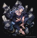  1boy barefoot collarbone english_text fingernails grey_eyes grey_hair hero_cantare highres long_eyebrows long_hair long_sleeves looking_at_viewer male_focus muzaka_(noblesse) noblesse official_art scar scar_on_face sharp_fingernails sitting smile teeth torn_clothes yagaaaa 
