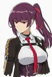  1girl ai-generated arm_belt black_undershirt braid chest_belt chest_harness commentary_request corset facing_to_the_side girls&#039;_frontline girls&#039;_frontline_2:_exilium harness highres jacket kisaragi_shokuin long_hair looking_to_the_side makiatto_(girls&#039;_frontline_2) necktie paintbrush ponytail purple_corset purple_hair red_eyes red_necktie red_ribbon ribbon serious shirt sidelocks striped_clothes striped_shirt undershirt upper_body wa2000_(girls&#039;_frontline) white_shirt 