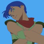  1girl 55bata6rou blue_background blue_eyes blue_hair crossed_arms green_eyes green_shirt head_tilt highres looking_at_viewer rag_uralo red_scarf scarf sentou_mecha_xabungle shirt short_hair side_ponytail simple_background smile solo upper_body 
