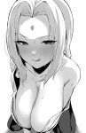  1girl absurdres breasts cleavage close-up greyscale highres hotate-chan large_breasts licking_lips long_hair looking_at_viewer monochrome naruto_(series) open_clothes simple_background solo sweat sweatdrop tongue tongue_out tsunade_(naruto) 