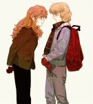  1boy 1girl absurdres arm_behind_back backpack bag black_pants black_scarf blonde_hair blue_eyes blue_sweater blush brown_coat brown_eyes brown_pants coat erhuazi917 eye_contact feet_out_of_frame from_side fur-trimmed_sweater fur_trim furrowed_brow ginga_eiyuu_densetsu gloves hair_over_shoulder hand_on_own_wrist highres julian_mintz katerose_von_kreutzer lapels leaning_forward light_frown long_hair long_sleeves looking_at_another open_mouth orange_hair pants plaid_clothes plaid_scarf profile red_bag red_gloves scarf short_hair simple_background sweater teeth wavy_hair yellow_background 