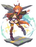  1girl absurdres aircraft airplane animal_ears blush bomber_jacket brown_thighhighs crop_top dog_tags ear_ribbon exhaust f-14_tomcat fighter_jet flat_chest flying_sweatdrops green_jacket hamma harness harness_belt highres horse_ears horse_girl horse_tail jacket long_hair looking_at_viewer mayano_top_gun_(umamusume) military_vehicle navel open_clothes open_jacket open_mouth orange_eyes orange_hair runway shirt shoes short_shorts shorts simple_background single_sidelock sneakers solo sparkle tail thighhighs two_side_up umamusume white_shorts yellow_shirt 