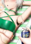  1girl 1other absurdres arm_up armpits beach_towel bikini blush brand_name_imitation breasts cecilia_immergreen doll_joints english_commentary green_bikini green_hair grey_hair highres hololive hololive_english joints lying multicolored_hair on_back open_mouth short_hair small_breasts snipsman speech_bubble swimsuit towel virtual_youtuber wd-40 