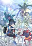  1boy 3girls 3others alolan_exeggutor backpack bag baseball_cap bird black_eyes black_hair blue_shirt blue_shoes brown_hair building city dress drink drinking_straw e_volution elio_(pokemon) eyewear_on_headwear hat highres holding holding_drink incineroar long_hair mantine mareanie multiple_girls multiple_others oricorio outdoors palm_tree pokemon pokemon_center pokemon_sm shirt shoes shorts sightseer_(pokemon) skyscraper smile solo_focus strapless strapless_dress striped_clothes sun_hat sunglasses t-shirt tree z-ring 