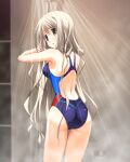 1girl armpits arms_up ass back back_focus bare_shoulders bathroom blush breasts chaos;head chaos;head_love_chu_chu! clothed_bath competition_swimsuit fingernails from_behind game_cg green_eyes green_hair hair_between_eyes highres holding holding_own_hair kusunoki_yua long_hair looking_at_viewer looking_back matsuo_yukihiro median_furrow medium_breasts multicolored_swimsuit narrow_waist official_art one-piece_swimsuit open_mouth racerback shiny_lips shiny_skin shoulder_blades shower_(place) showering sideboob solo standing swimsuit thigh_gap tile_wall tiles tongue very_long_hair washing_hair water wet wet_hair 
