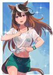  1girl absurdres animal_ears bangs black_bra blush bra bra_visible_through_clothes breasts brown_hair clenched_hands cowboy_shot diffraction_spikes earrings gaze_on_me!_outfit_(umamusume) green_shorts highres horse_ears horse_girl horse_tail jewelry kusanagi_kaoru long_hair looking_at_viewer midriff multicolored_hair navel open_mouth purple_eyes see-through see-through_shirt shirt short_sleeves shorts single_earring small_breasts smile solo streaked_hair sweat sweatband symboli_rudolf_(umamusume) tail tied_shirt umamusume underwear wet wet_clothes wet_shirt white_shirt 