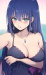  1girl @_@ aqua_eyes arm_under_breasts armpits bangs bare_shoulders blue_hair blush breast_hold breasts cleavage collarbone earrings engage_kiss haoni highres jewelry large_breasts long_hair looking_at_viewer multicolored_background necklace open_mouth solo sweatdrop upper_body yuugiri_ayano 