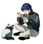  1boy admiral_(gin&#039;eiden) animal ascot black_shoes blue_hair blue_jacket brown_pants cat chopsticks closed_eyes closed_mouth collared_jacket cup cup_ramen eating erhuazi917 food full_body ginga_eiyuu_densetsu hand_up highres holding holding_chopsticks holding_cup indian_style insignia jacket long_sleeves male_focus military_jacket military_uniform noodles pants patch ramen shoes short_hair shoulder_boards shoulder_patch simple_background sitting tearing_clothes torn_clothes white_ascot white_background wing_collar yang_wen-li 