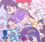  absurdres baseball_cap black_gloves black_hair black_hoodie blue_eyes blue_hair blush blush_stickers bonnet bow-shaped_hair camera character_hair_ornament closed_eyes closed_mouth colored_inner_hair dot_(pokemon) dress eyelashes fake_hair_bun glasses gloves green_hair_ornament grey_dress grey_eyes hair_bun hair_ornament hair_over_eyes hairclip hat headphones heart highres holding holding_camera hood hood_up hoodie icydirtball iono_(pokemon) jacket light_smile liko_(pokemon) long_hair long_sleeves magnemite mascot_costume meme multicolored_hair multiple_girls nervous_sweating nyabiko_(pokemon) open_clothes open_mouth oversized_clothes penny_(pokemon) perrin_(pokemon) photographer pink_hair pokemon pokemon_(anime) pokemon_(creature) pokemon_horizons pokemon_sv ponytail poppy_(pokemon) purple_bag purple_hair quaxwell red_hair round_eyewear sharp_teeth short_hair short_ponytail smile sonic_surrounded_by_amy_plush_dolls_(meme) split-color_hair surprised sweat teeth tinkatuff two-tone_hair visor_cap white_nails yellow_eyes yellow_jacket 