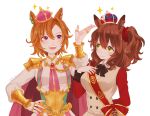  2girls animal_ears arm_behind_back armor aston_machan_(umamusume) bangs blush bow bowtie breasts brooch brown_hair closed_mouth corset crown fingerless_gloves gloves green_eyes hand_on_hip hand_on_own_chest horse_ears jewelry long_hair looking_at_another medium_breasts multiple_girls multiple_rings open_mouth orange_hair purple_eyes red_shirt ring rio_(rio_067) sash shirt short_hair shoulder_armor shoulder_sash single_glove small_breasts sparkle t.m._opera_o_(umamusume) umamusume upper_body vest white_background white_shirt white_vest 