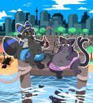 2025 absurd_res anthro beach beach_umbrella belly beverage big_belly blue_sky boombox building chest_tuft city city_background cityscape clothed clothing cloud duo ear_piercing eeveelution electronics espeon eyewear eyewear_on_head fur generation_2_pokemon glasses hi_res holding_beverage holding_object looking_down male mammal multicolored_body multicolored_fur nintendo open_clothing open_mouth open_shirt open_topwear overweight parasol pear-shaped_figure pier piercing plant pokemon pokemon_(species) radio ripples sea seaside shirt silhouetted_body sitting sky skyscape skyscraper smile soda soda_bottle sunglasses sunglasses_on_head sutihukka swimming_trunks swimwear tail tail_tuft topwear towel tree tuft tufted_fur umbreon water wide_hips yellow_eyes yellow_sclera