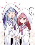  ... ...? 2girls ? ^_^ absurdres asymmetrical_bangs blue_hair blue_hood blunt_bangs chizuru_(madoka_magica) closed_eyes confused cowboy_shot detached_hood dot_nose earrings floral_background flower_knot hair_ornament hair_ribbon hand_on_another&#039;s_shoulder happy heart highres holding_hands hood hood_up japanese_clothes jewelry kimono layered_kimono light_blush light_frown long_hair long_sleeves magia_record:_mahou_shoujo_madoka_magica_gaiden mahou_shoujo_madoka_magica mizuna_tsuyu multiple_girls open_mouth parted_lips pink_hair pink_kimono purple_kimono purple_ribbon red_eyes red_hood ribbon shiromuku short_hair sidelocks smile spoken_ellipsis spoken_question_mark standing straight_hair tassel tassel_earrings tassel_hair_ornament two-sided_hood uchikake ultimate_magnum wataboushi wedding white_background white_hood white_kimono wide_sleeves wife_and_wife yuri 
