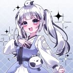  +_+ 1girl 2omong 2omong_(1st_costume) absurdres animal animal_on_head argyle_background bathroom bird bird_on_head blush brick_floor brick_wall chain-link_fence checkered_background constellation diffraction_spikes fence glint grey_hair hanbok hexagon highres honeycomb_(pattern) korean_clothes long_hair meechu on_head open_mouth plaid_background silk solo sparkle sparkle_background sparkling_eyes spider_web stone_wall tears teeth tia_xxxf tile_floor tile_wall tiles virtual_youtuber 