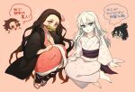  2boys 2girls black_hair blue_eyes brother_and_sister daki_(kimetsu_no_yaiba) goshiko86g gyuutarou_(kimetsu_no_yaiba) japanese_clothes kamado_nezuko kamado_tanjirou kimetsu_no_yaiba kimono long_hair multiple_boys multiple_girls pink_eyes pink_kimono siblings sitting white_hair white_kimono 