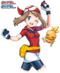  1girl :d arm_up bandana bangs bike_shorts_under_skirt blue_eyes breasts brown_hair clenched_hand collared_shirt commentary_request eyelashes fanny_pack gloves highres holding holding_poke_ball may_(pokemon) mr.thunderigor open_mouth poke_ball poke_ball_(basic) pokemon pokemon_(creature) pokemon_(game) pokemon_rse red_bandana red_shirt shirt short_sleeves skirt smile teeth tongue torchic upper_teeth white_skirt yellow_bag 