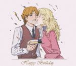  1boy 1girl ascot blonde_hair blue_necktie blush breasts cake cake_slice cherry chinese_commentary closed_eyes collared_shirt commentary_request confetti couple cropped_torso curtained_hair erhuazi917 evangeline_mittermeyer film_grain food food_on_face fork fruit ginga_eiyuu_densetsu grey_eyes grin hair_over_shoulder hand_on_another&#039;s_shoulder happy_birthday hetero high_collar highres holding holding_plate husband_and_wife icing_on_face imminent_kiss long_hair long_sleeves looking_ahead necktie one_eye_closed pink_shirt plate red_vest shirt short_hair sidelocks simple_background small_breasts smile teeth upper_body vest white_ascot white_background white_shirt wing_collar wolfgang_mittermeyer 