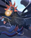  blurry cloud commentary_request energy_ball fangs flying hydreigon night no_humans open_mouth outdoors pokemon pokemon_(creature) sky solo tongue urotsua 