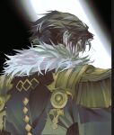  1boy bangs brown_hair covered_mouth earrings emet-selch epaulettes final_fantasy final_fantasy_xiv fringe_trim from_behind fur_trim garlean jewelry looking_at_viewer looking_back male_focus portrait short_hair skraksff solo two-tone_background yellow_eyes 