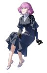  1girl black_dress black_gloves blue_eyes blunt_sidelocks breasts buttons closed_mouth coat_dress collared_shirt double-breasted dress earrings erhuazi917 flats flipped_hair full_body gloves gundam haman_karn hand_on_own_leg high_collar highres invisible_chair jewelry juliet_sleeves knees_together_feet_apart long_sleeves looking_to_the_side medium_breasts medium_dress neo_zeon pink_hair puffy_sleeves shirt short_hair sidelocks simple_background sitting smile solo v-bangs v-neck white_background white_shirt zeta_gundam 