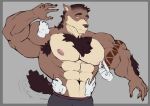  abs anthro biceps bucccket canid canine canis chest_tuft disembodied_hand ghost_hands grope hi_res humanoid male male/male mammal muscular nipple_fetish nipple_pinch nipple_play pecs pinch solo surprised_expression tail_motion tailwag tuft wolf worship 