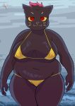 absurd_res beach belly big_breasts bikini breasts clothed clothing domestic_cat felid feline felis female gold_bikini hi_res mae_borowski mammal midriff navel night_in_the_woods overweight overweight_female sea smile swimwear tagme thick_thighs toonarscontent two-piece_swimsuit water