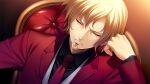  1boy antique_phone beard black_shirt blonde_hair chair closed_mouth collared_shirt corded_phone facial_hair fumio_(ura_fmo) game_cg grisaia_(series) grisaia_no_rakuen half-closed_eyes heath_oslo holding holding_phone jacket long_sleeves male_focus necktie non-web_source official_art phone red_eyes red_jacket red_necktie shirt short_hair smile solo suit_jacket talking_on_phone upper_body 