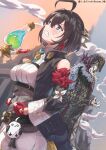  1boy 1girl 4low ahoge atelier_(series) atelier_yumia between_breasts black_hair black_jacket breasts character_request clenched_hand clenched_teeth detached_sleeves flammi_(atelier) gloves grey_corset hair_between_eyes jacket large_breasts mole mole_under_eye multicolored_hair open_clothes open_jacket outdoors partially_fingerless_gloves purple_eyes red_gloves red_hair smoke standing strap_between_breasts streaked_hair stuffed_animal stuffed_bird stuffed_toy sweat teeth two-tone_hair watermark yumia_liessfeldt 