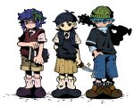  1girl 2boys 9twoeight aubrey_(omori) basil_(omori) black_eyes black_hair blue_eyes blue_hair book full_body genderswap genderswap_(ftm) genderswap_(mtf) highres knife looking_at_another messy_hair multiple_boys omori prototype purple_eyes purple_hair shaded_face shoes short_sleeves shorts simple_background skirt sneakers socks spiked_bat sunny_(omori) sweater_vest twintails white_background 