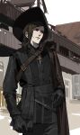  1boy absurdres belt belt_buckle black_belt black_gloves black_hat black_jacket blue_eyes brown_belt brown_eyes buckle building buttons closed_mouth coat coat_on_shoulders cross cross_necklace erhuazi917 frilled_shirt_collar frills ginga_eiyuu_densetsu gloves hat heterochromia highres jacket jewelry long_sleeves looking_to_the_side male_focus medium_hair necklace oskar_von_reuenthal single_sidelock solo standing striped_coat swept_bangs town 