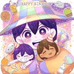  3boys basketball blush bright_pupils brown_hair colored_skin dark-skinned_male dark_skin dog grin hat hector_(omori) highres kel_(omori) looking_at_viewer miniboy multiple_boys omori open_mouth parted_lips party_hat pet_rock purple_eyes purple_hair sakuramochi0502 short_hair smile teeth upper_teeth white_pupils white_skin 