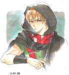  1boy belt blonde_hair cape chain clive_(suikoden) closed_mouth dated gensou_suikoden gensou_suikoden_ii hood looking_at_viewer male_focus natsuo_(hatohaco) red_eyes short_sleeves solo upper_body 