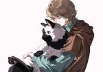  1boy admiral_(gin&#039;eiden) animal aqua_shirt blonde_hair brown_jacket cat closed_eyes closed_mouth erhuazi917 from_side ginga_eiyuu_densetsu head_rest highres holding holding_animal holding_cat hood hooded_jacket jacket julian_mintz layered_sleeves long_sleeves male_focus shirt short_sleeves simple_background sitting smile upper_body white_background wing_collar 